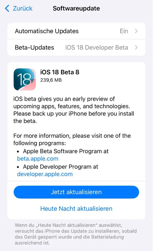 纳雍苹果手机维修分享苹果 iOS / iPadOS 18 开发者预览版 Beta 8 发布 